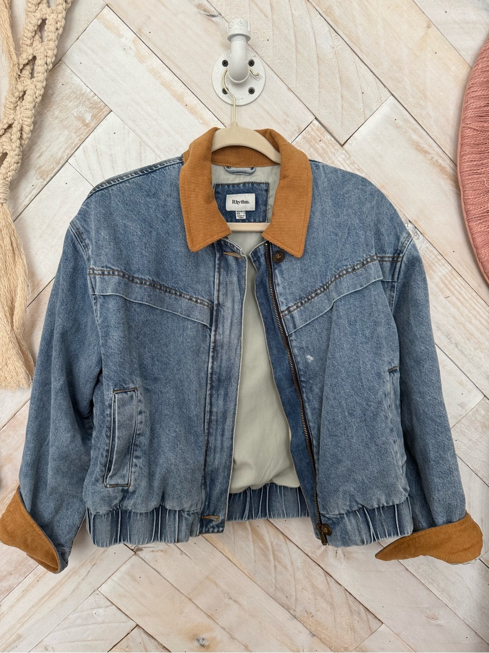 Rhythm. Blue Denim Jacket with Tan Corduroy Collar & Cuffs
